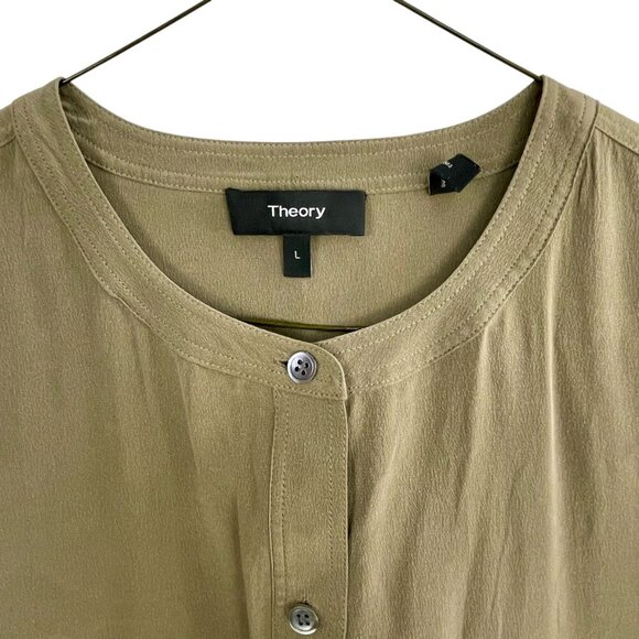 THEORY Damaris Summer Silk Tunic • Long Sleeve Mandarin Collar • L • Light Olive - Picture 7 of 16